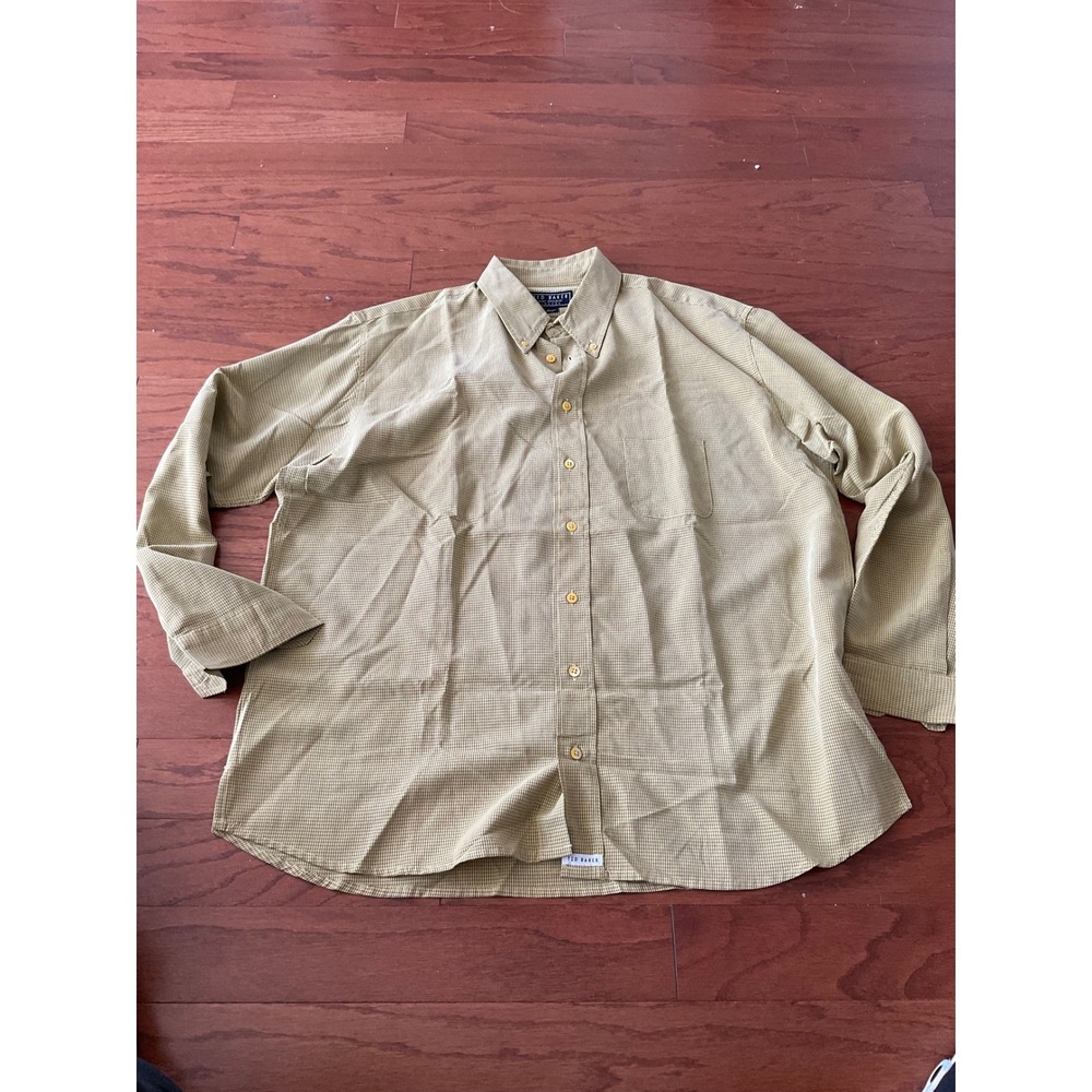 Ted Baker London Mens Shirt Size 4 Beige Gingham Long Sleeve Button Down Casual